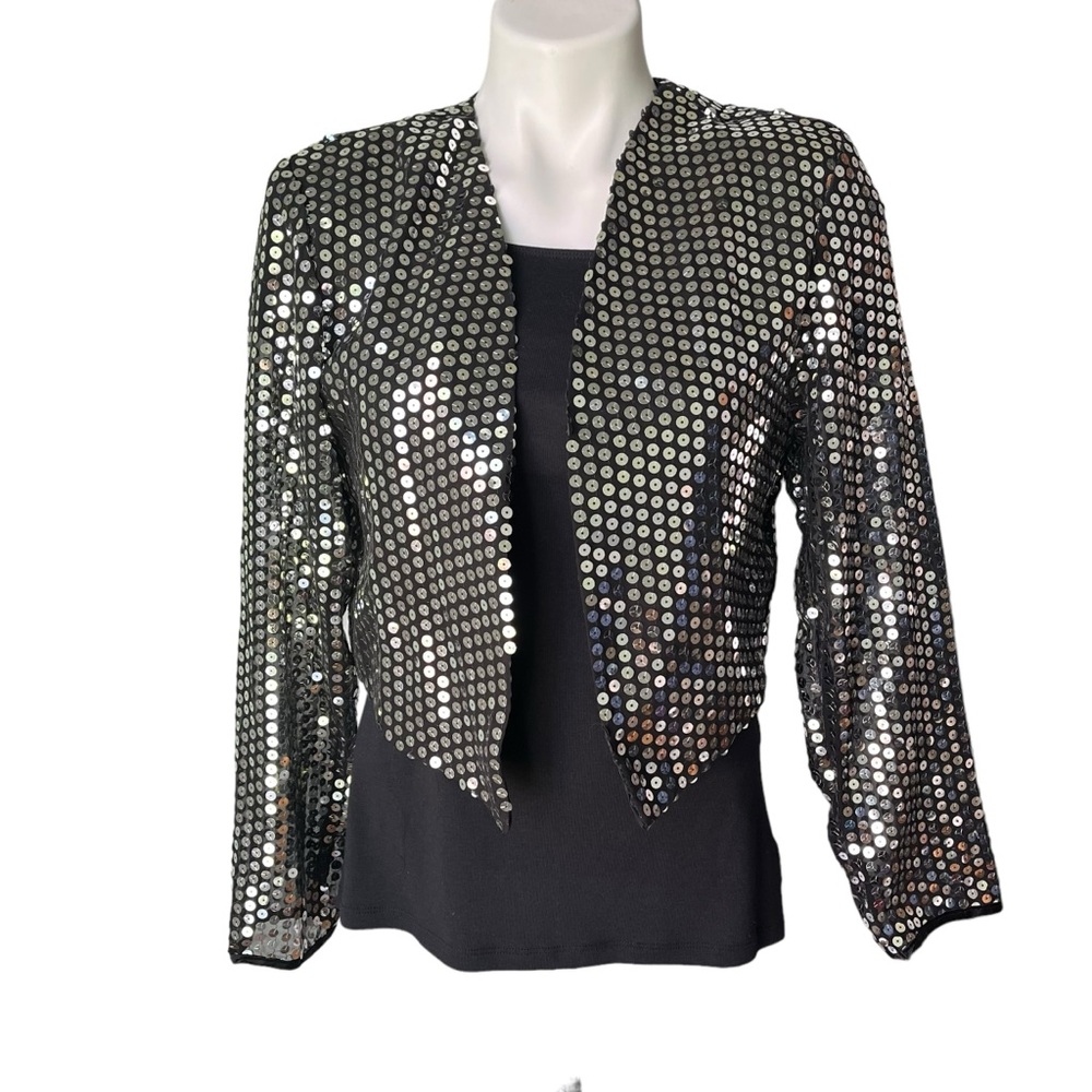 Vintage Lew Magram Silver Sequin Open Front Bolero Jacket, Sz M